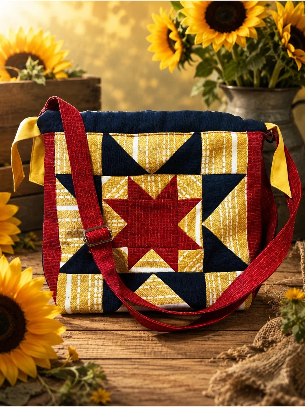 Quilted Star Patchwork Crossbody Bag - Red, Navy & Mustard